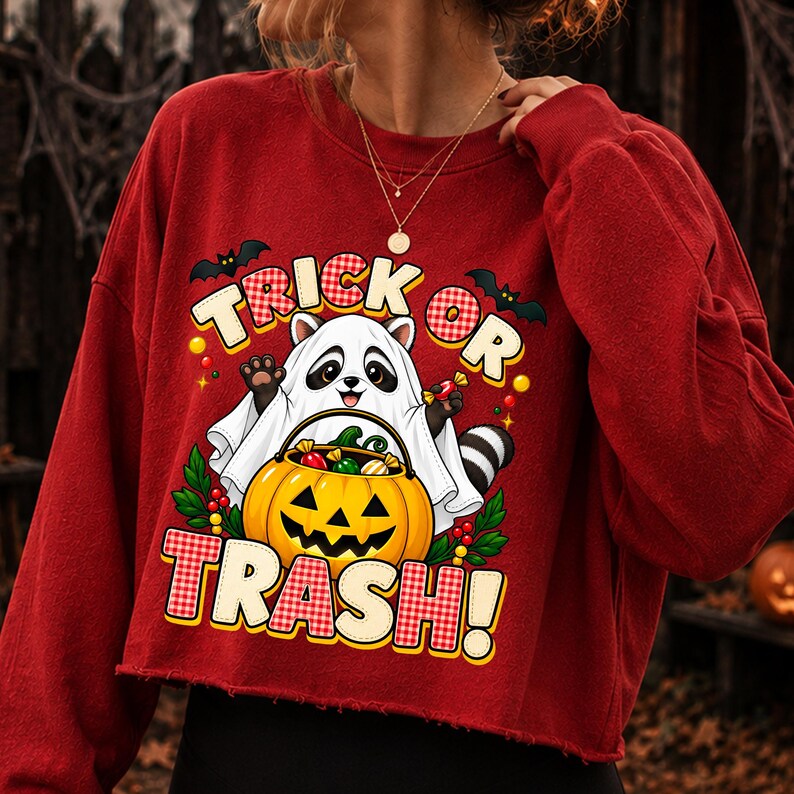 May include: A red long-sleeve sweatshirt featuring a graphic of a raccoon dressed as a ghost holding a jack-o'-lantern bucket filled with sweets. The text reads TRICK OR TRASH in a red and white checkered pattern with black bats and green leaves.