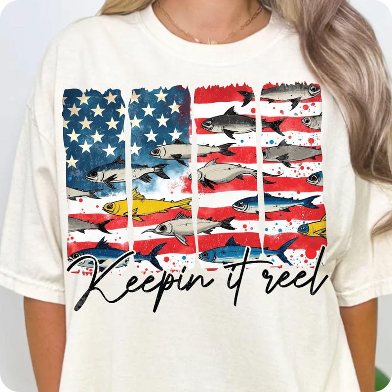 Keepin' It Reel PNG, Patriotic Fish Sublimation, Retro America 4th of July Design, Hooker USA Flag Fishing PNG, Digital Download