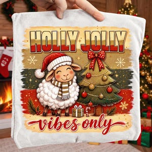 Może przedstawiać: Biały kwadrat materiału z grafiką owcy w czapce Mikołaja i w paski szaliku obok udekorowanej choinki. Napis HOLLY JOLLY znajduje się u g&oacute;ry, a vibes only czerwoną kursywą na dole, na tle w poziome pasy.