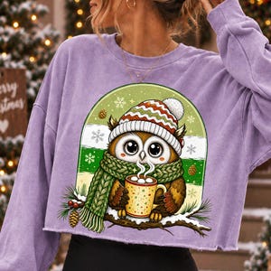 May include: A light purple long-sleeve sweatshirt featuring a graphic of a brown owl wearing a red, white, and green striped knit hat and a green scarf. The owl holds a yellow mug with white marshmallows, perched on a branch with pinecones.