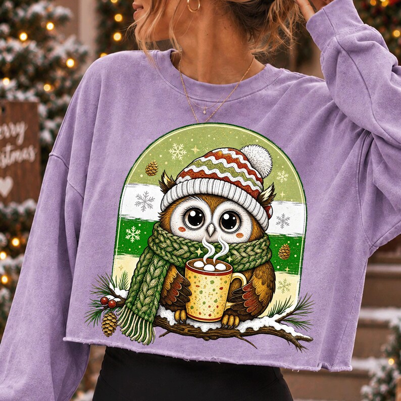 May include: A light purple long-sleeve sweatshirt featuring a graphic of a brown owl wearing a red, white, and green striped knit hat and a green scarf. The owl holds a yellow mug with white marshmallows, perched on a branch with pinecones.