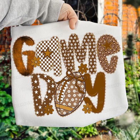 Retro Checkered Football & Lace Flowers Boho PNG Design - Game Day Digital Download