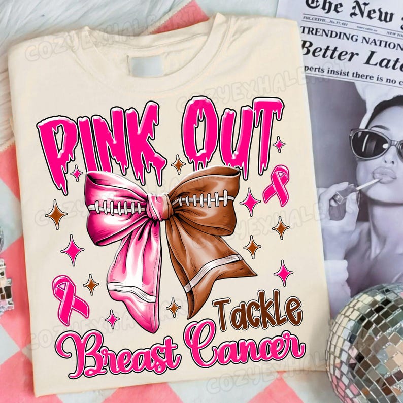 Preppy Pink Out Tackle Breast Cancer PNG Coquette Football Sublimation Design PNG, Game Day Breast Cancer Awareness We Wear Pink Shirts Gift
