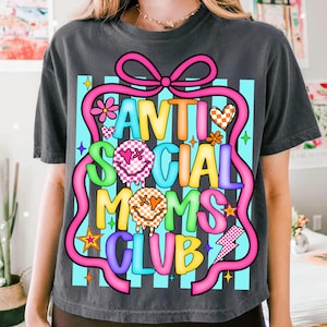 Anti Social Moms Club PNG Retro Mother's Day Sublimation Design Coquette Bow Mom Shirt Design Snarky Mother Quote Checkered Smiley Face Y2K