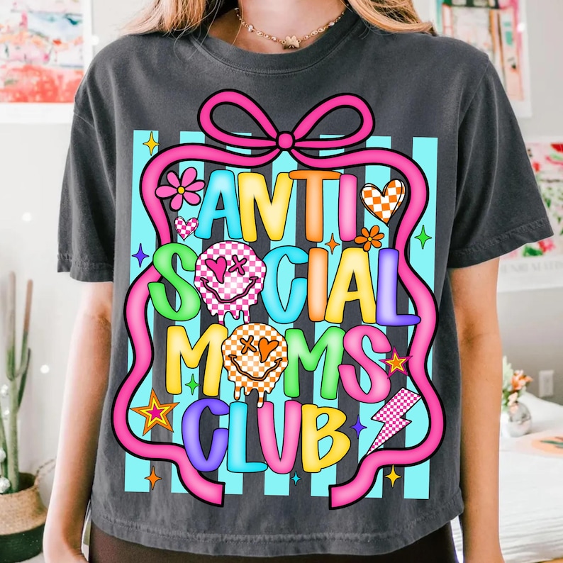 Anti Social Moms Club PNG Retro Mother's Day Sublimation Design Coquette Bow Mom Shirt Design Snarky Mother Quote Checkered Smiley Face Y2K