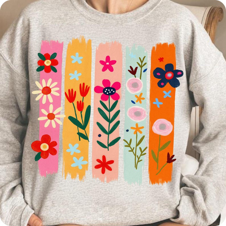 Floral Doodle Brushstroke PNG, Boho Wildflower Paint Stroke Sublimation, Preppy Floral Bouquet Design for Trendy Summer Shirt Art