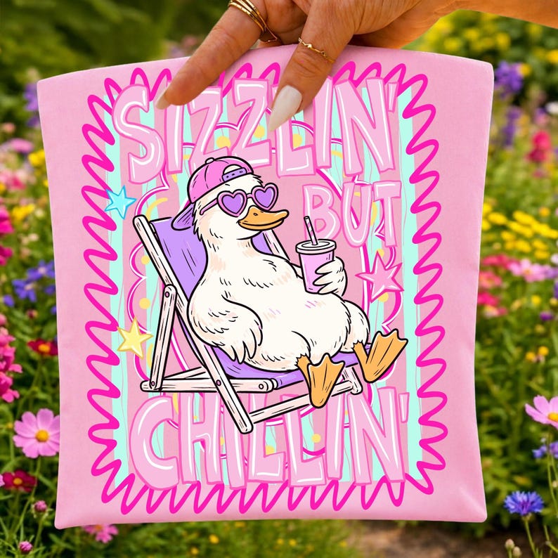 Sizzlin But Chillin' Duck PNG design featuring a duck in sunglasses, Y2K retro beach shirt design.
