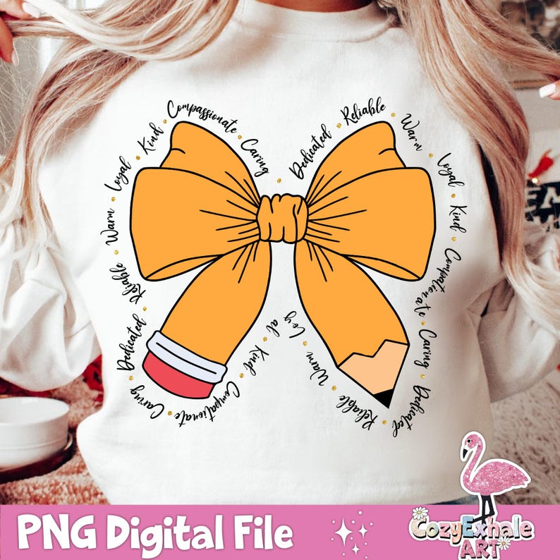 Close-up of the digital Teacher Pencil Coquette Bow PNG design