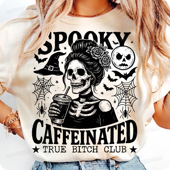 Spooky Caffeinated Skeleton PNG: Witchy Mom Halloween Clipart (Digital Download
