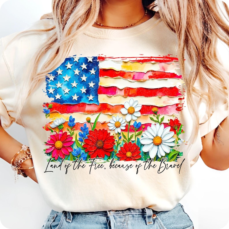 Floral American Flag PNG, USA Patriotic Wildflower Sublimation, 4th of July Memorial Day Design, Girly Oil Paint Brushstroke Flag