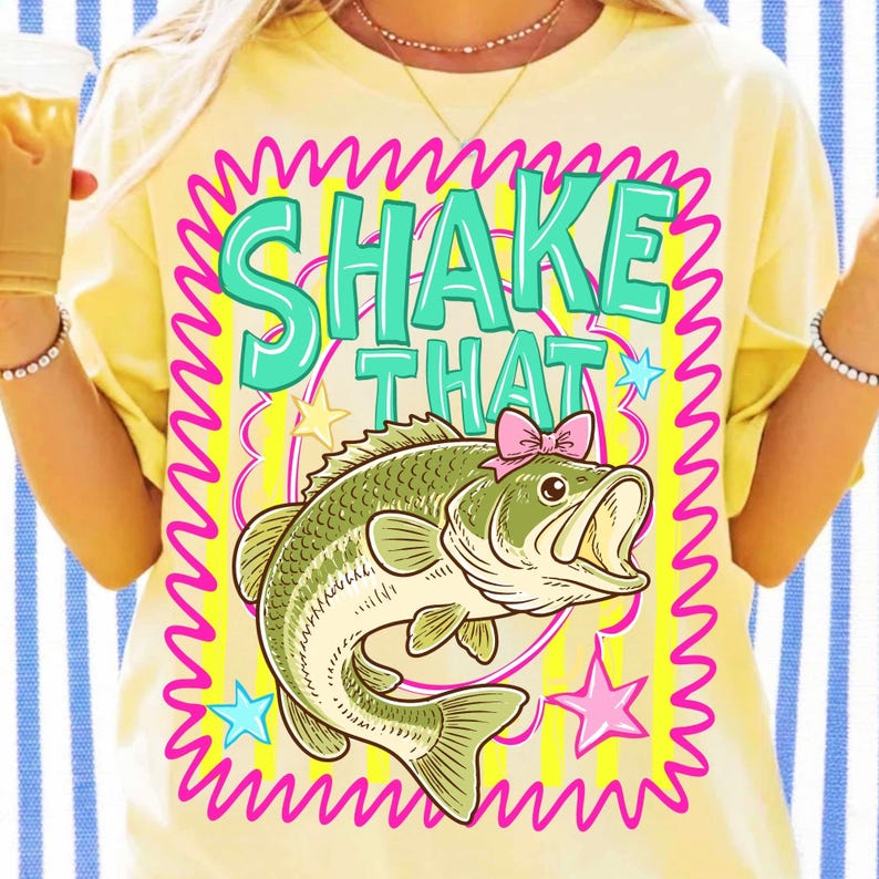 Image of Shake That Bass PNG, Striped Bass Fishing Sublimation Design, Preppy Fishing Bow PNG, Retro Lake Life Digital Download, Fishing Shirt Design