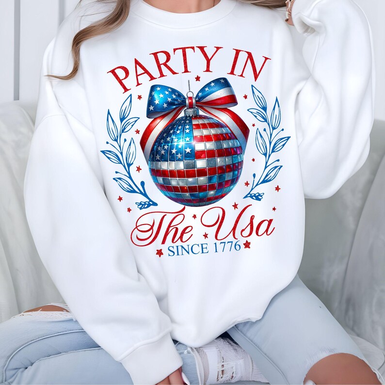 Close-up of the Coquette 4th of July digital design elements, showcasing the patriotic disco ball, red bow, and vintage typography for crafting.