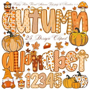 Peut inclure: Graphique numérique avec le mot "AUTUMN" et "alphabet" en orange, orné de citrouilles, de feuilles et d'un gnome. Comprend les chiffres 0-9 et d'autres éléments d'automne. Parfait pour les créations sur le thème de l'automne.