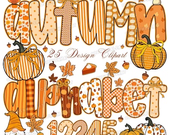 Retro Gingham Autumn Floral Alphabet PNG: Colorful Doodle Font Clipart for Digital Download