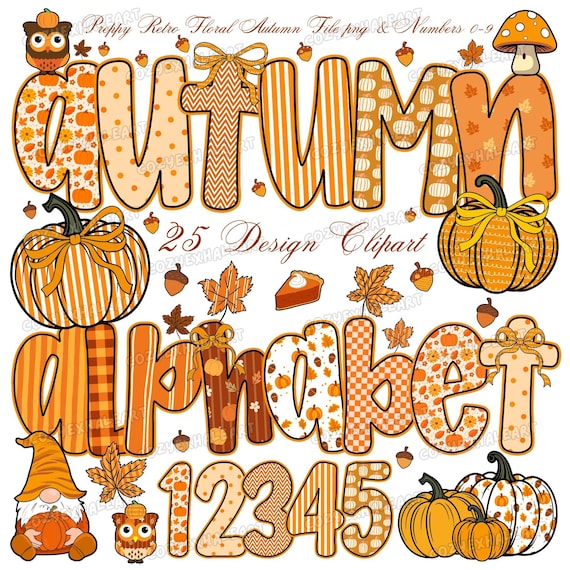 Retro Autumn Floral Alphabet PNG: Colorful Doodle Font Clipart for Digital Download