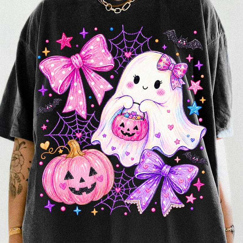 Mockup of the Pink Halloween Ghost PNG design on a t-shirt, demonstrating its application.