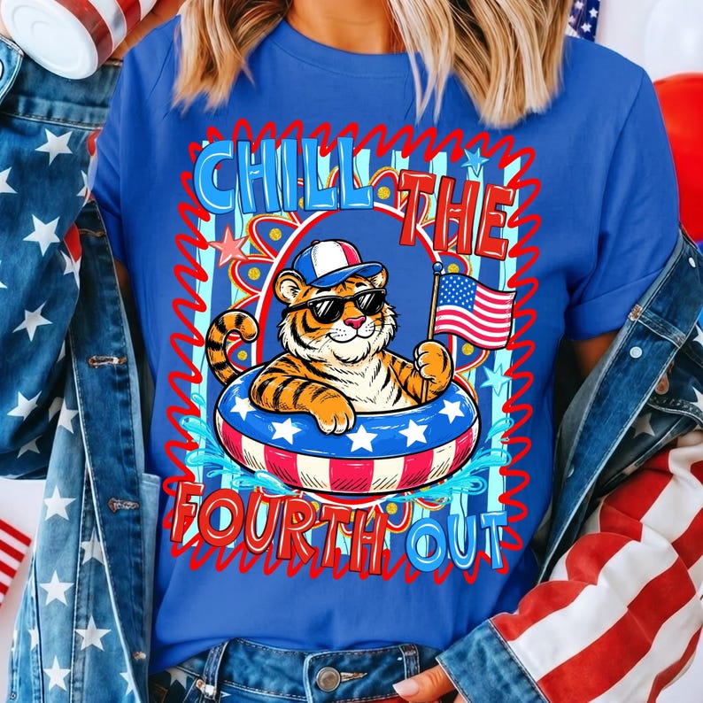 Close-up of the 'Chill The Fourth Out Tiger' digital design, highlighting the intricate details and bold red, white, and blue color palette.