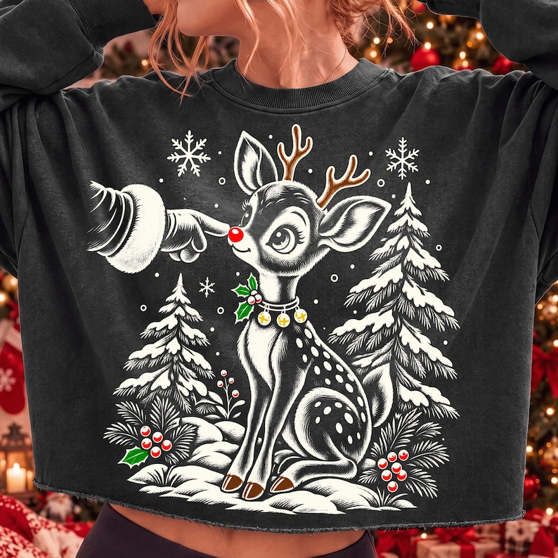 Vintage Reindeer Christmas PNG featuring Santa booping a fawn's nose in a snowy forest