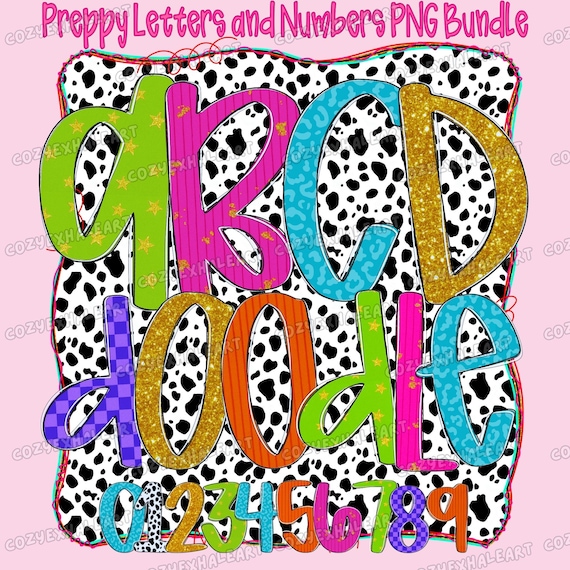 Preppy Mascot PNG Bundle: Gingham Doodle Letters & Numbers, Faux Glitter (Digital Design