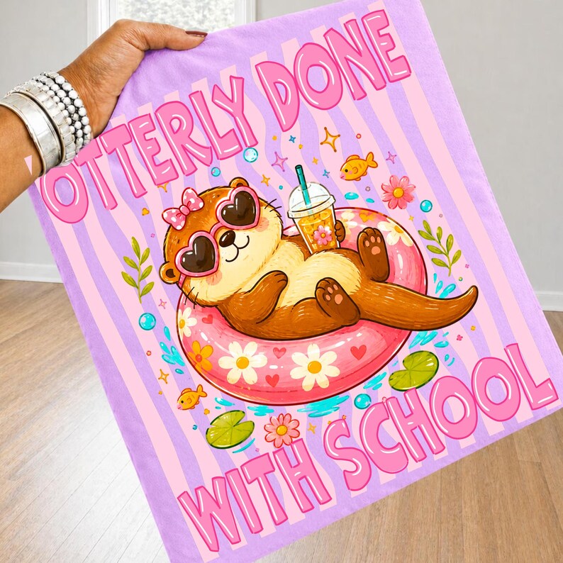 'Otterly Done With School' Kawaii otter design sublimated onto a white ceramic mug, highlighting its versatility for personalized drinkware and gifts.