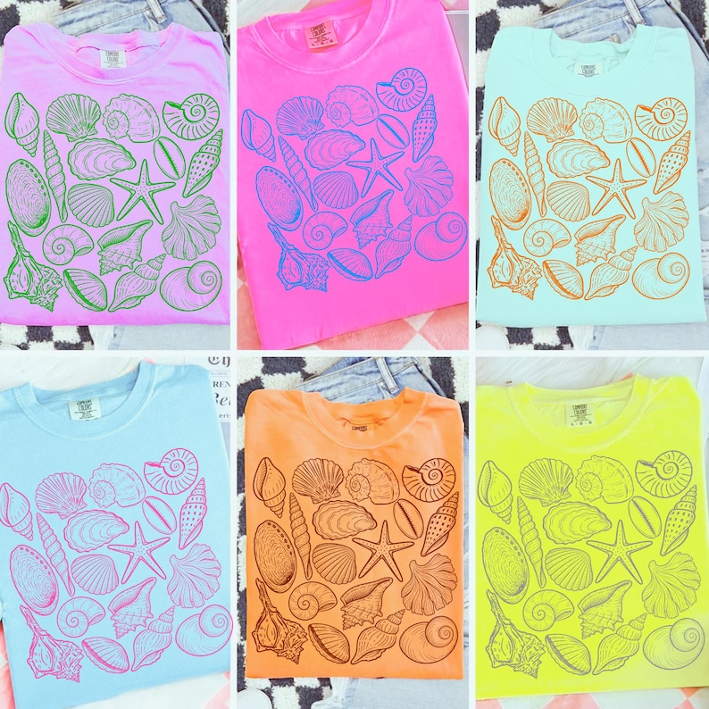 Hand-drawn seashell and starfish ocean life PNG sublimation design mockup on a white t-shirt