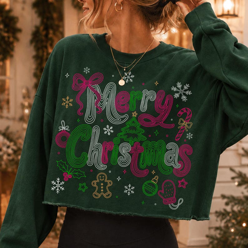 Retro Merry Christmas Doodle PNG Design with Coquette Bow