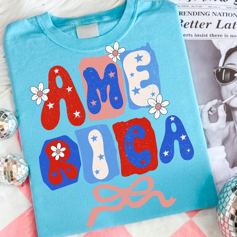 Image of America PNG 4th of July Coquette Bow Sublimation Design Retro Patriotic Independence Day Shirt Graphic Vintage USA Flag Daisy Red White Blue