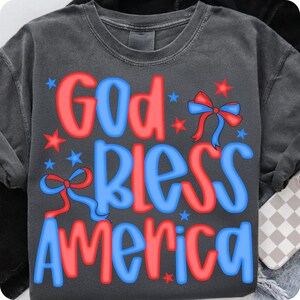Preppy America Coquette PNG, God Bless America Bow Design, Christian 4th of July Sublimation, Patriotic Cross USA Shirt Graphic