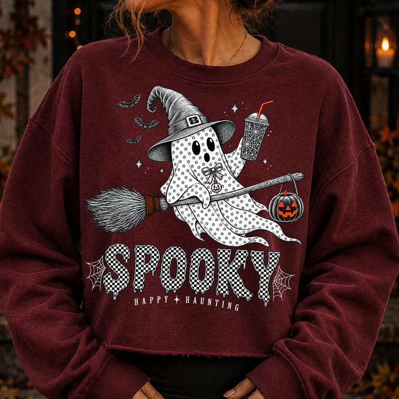 May include: A maroon long-sleeve sweatshirt featuring a graphic of a ghost wearing a witch hat, riding a broomstick, and holding a drink. The ghost is accompanied by bats and a jack-o'-lantern. The text reads SPOOKY and HAPPY HAUNTING.