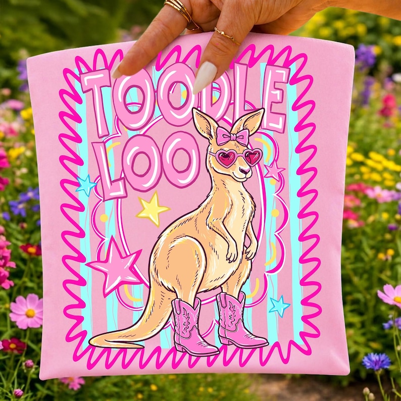 Toodle Loo Kangaroo PNG with pink bow, heart sunglasses, and cowgirl boots, perfect for sublimation and DTF projects.