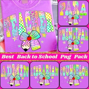 Retro Back to School Neon Checkered PNG Bundle First Day Teacher Librarian SPED Para Admin Sublimation Bright Color Occupation Shirt Design