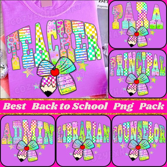 Retro Neon Checkered PNG Bundle: Back to School Teacher Designs (Digital Download