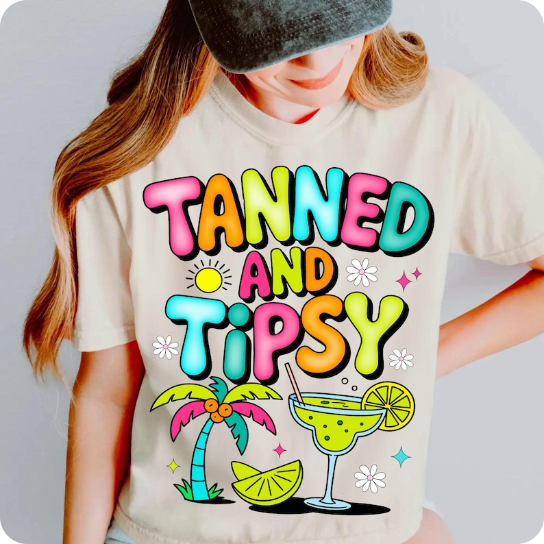 Tanned and Tipsy PNG, Funny Retro Summer Sublimation Design, Coquette Beach Vibes Clipart, Margarita Girls Trip Preppy Aesthetic