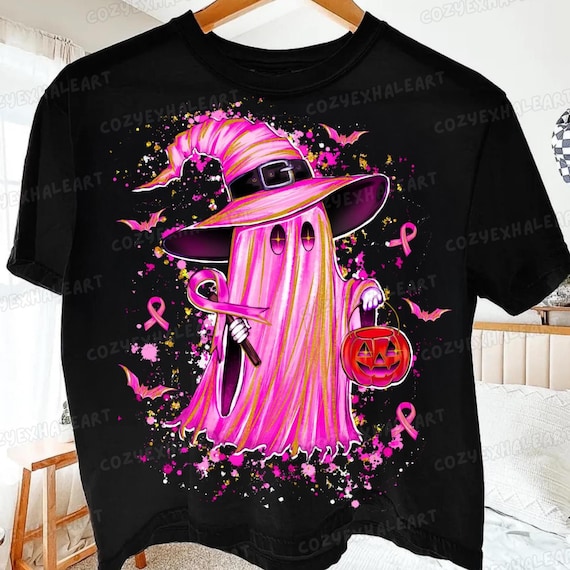 Retro Ghost Pink Ribbon Halloween Shirt Design: Breast Cancer Awareness Sublimation PNG Clipart