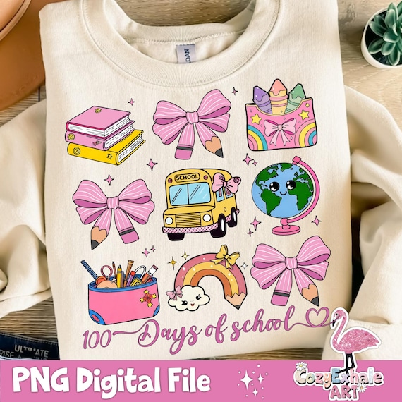 Happy 100 Days of School PNG, Coquette Bow 100 Days Brighter Design, Teacher Gift, Kids Kindergarten PreK PNG, Back to School Shirt Design.