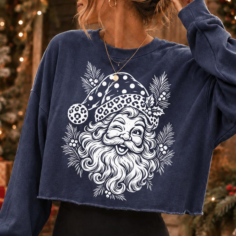 Collection of Christmas items including a mug and tote bag, personalized with the Trendy Leopard Santa Sublimation Design.