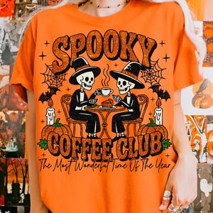 Glitter Spooky Coffee Club PNG Retro Halloween Sublimation Funny Skeletons Drinking Coffee Vintage Pumpkin Fall Vibes Halloween Graphic Gift