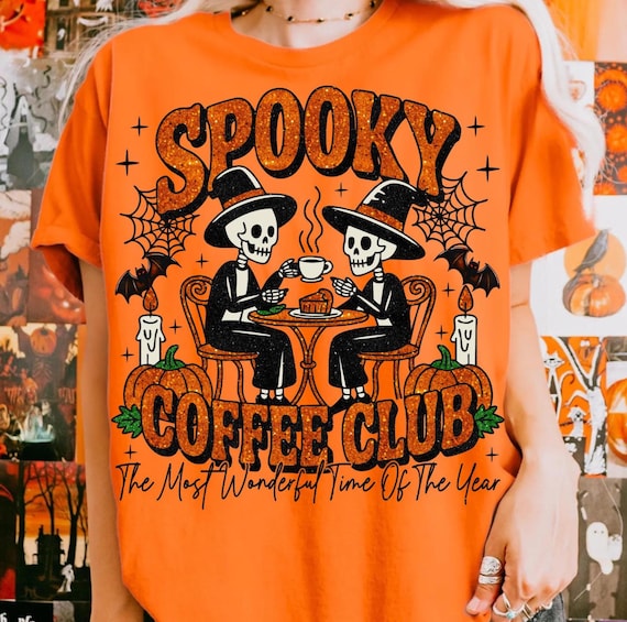 Spooky Coffee Club PNG: Retro Halloween Skeletons, Pumpkin (Digital Download, ZIP File)