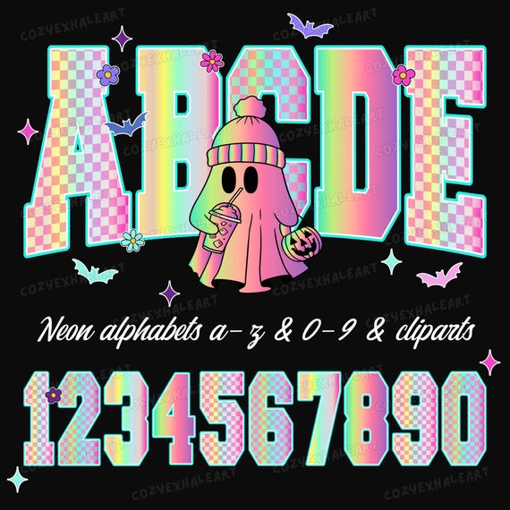 Iridescent Neon Halloween Alphabet PNG: Gingham Western Doodle Font (Digital Download)