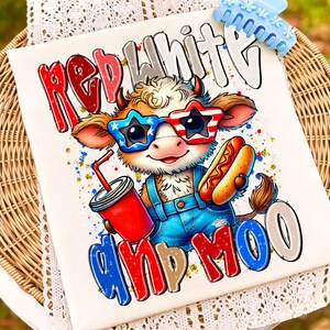 red white and moo, 4th of july png, highland cow png, patriotic cow png, independence day, july fourth png, cow sublimation, patriotic clipart, american pride png, summer png design, baby highland cow, cowboy 4th of july, western 4th of july