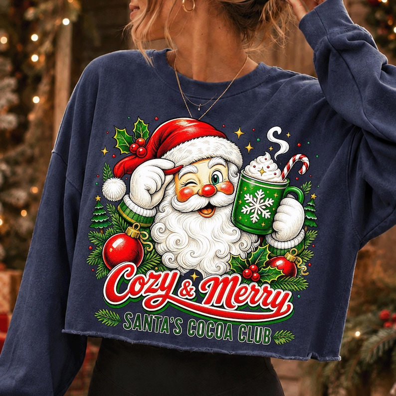 K&ouml;nnte beinhalten: Ein marineblaues Langarm-Sweatshirt mit einer Grafik von einem zwinkernden Weihnachtsmann, der einen gr&uuml;nen Kakaobecher mit Zuckerstange h&auml;lt. Der Text lautet Cozy & Merry Santa's Cocoa Club, umgeben von Weihnachtsb&auml;umen, Stechpalmen und Kugeln.