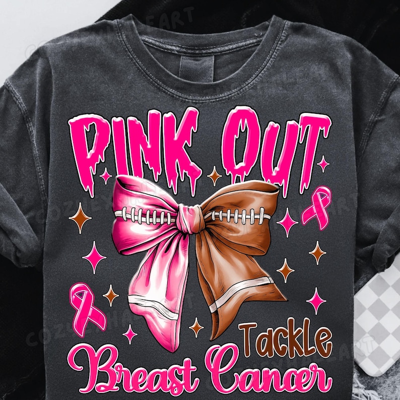 Preppy Pink Out Tackle Breast Cancer PNG Coquette Football Sublimation Design PNG, Game Day Breast Cancer Awareness We Wear Pink Shirts Gift