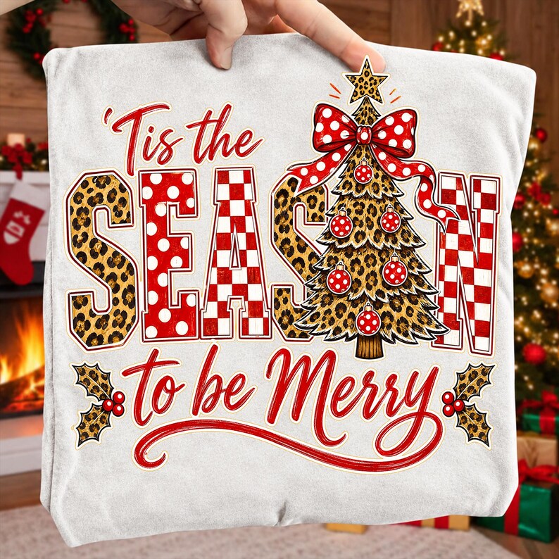 'Tis the Season to Be Merry PNG, Leopard Christmas Tree PNG, Red Gingham Bow Sublimation, Coquette Christmas Shirt Design