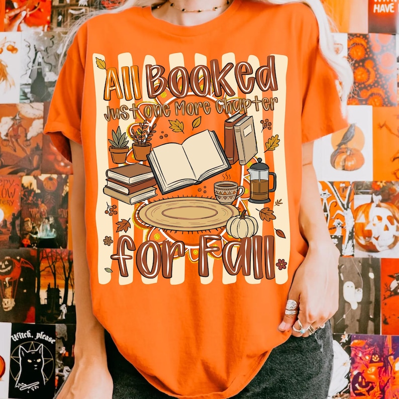 Close-up of the 'All Booked For Fall' PNG design showcasing a stack of books, autumn foliage, and a steaming mug, perfect for fall reading.