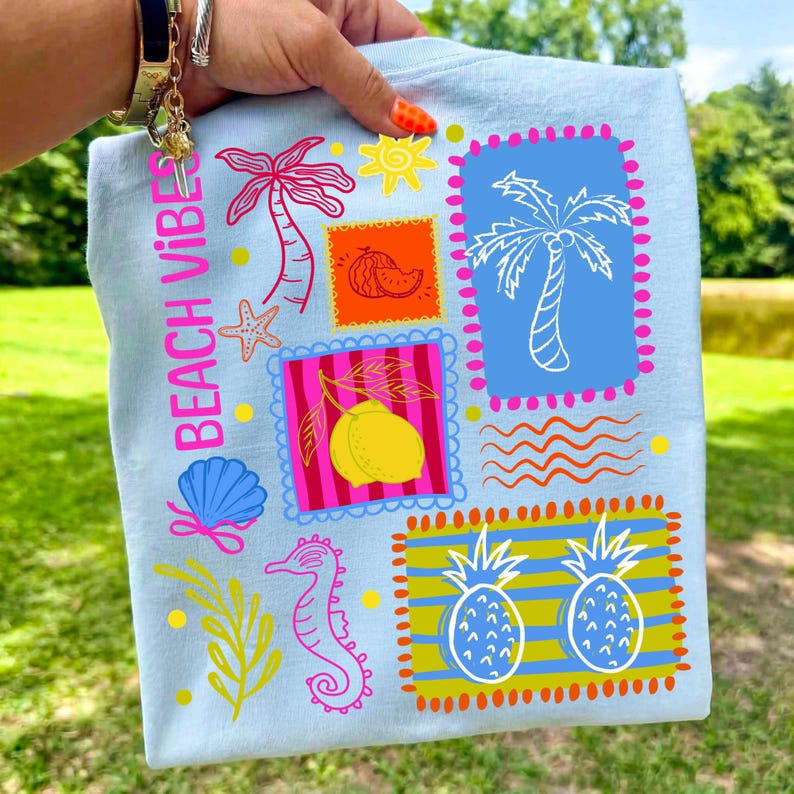 Close-up of Vibrant Hand-Drawn Lemon and Beach Elements PNG Graphic