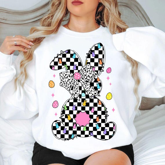 Retro Easter Bunny PNG: Coquette Bow, Checkered Design (Digital Download)