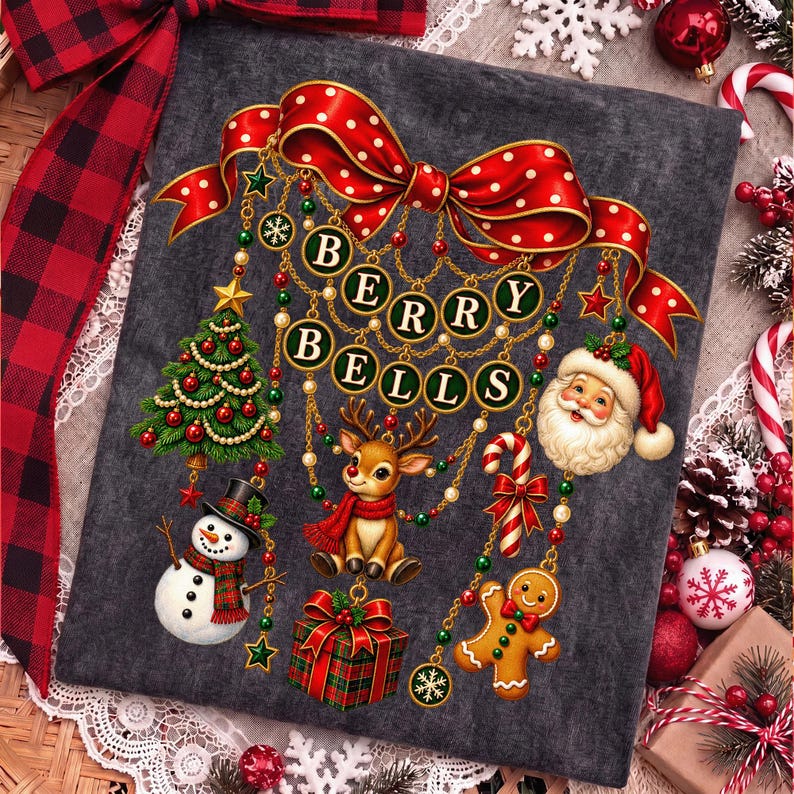 Op de afbeelding: Een donkergrijs t-shirt met een feestelijke afbeelding van een grote rode strik met stippen waaraan gouden kettingen hangen met de tekst BERRY BELLS. Het ontwerp bevat een kerstboom, een sneeuwpop, een rendier, een cadeau, een zuurstok en de Kerstman.