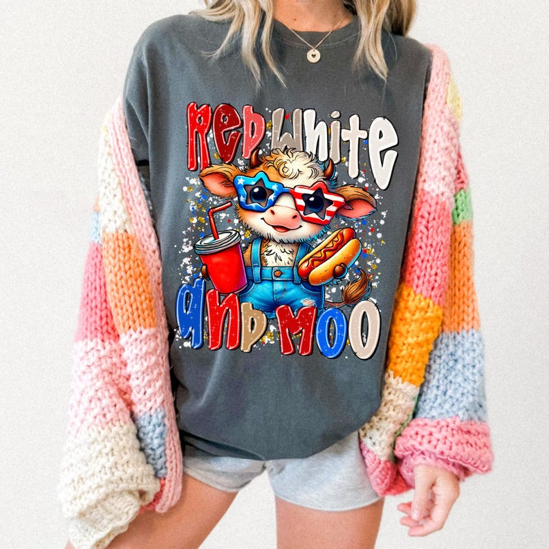 Rödvit och Moo PNG 4 juli Highland Cow Sublimation Design Patriotic Independence Day Digital Download American Pride Cow Clipart bild 7