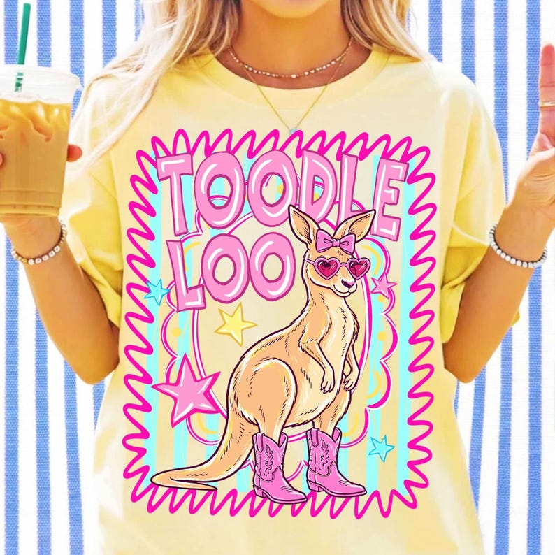 Preppy Western Kangaroo design on a t-shirt mockup, showcasing vibrant pink and teal colors for custom apparel.