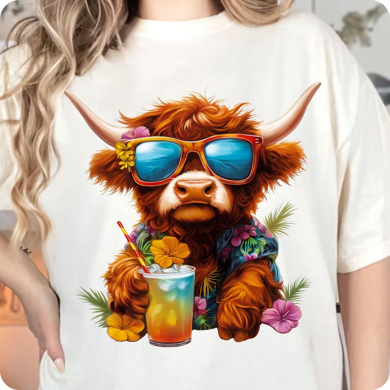 Summer Vibes Highland Cow PNG, Retro Funny Beach Shirt Design, Summer Sublimation, Highland Cow Summer PNG, Digital Download